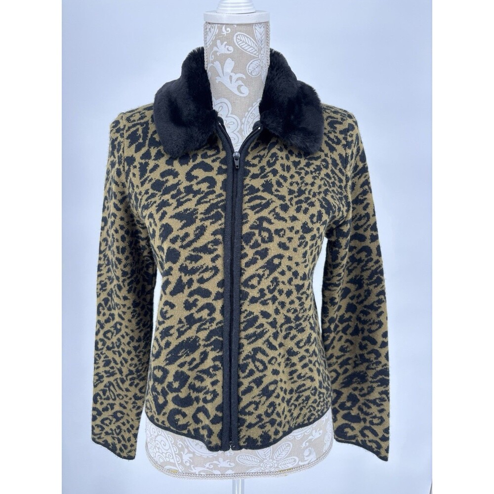 Lenny By Nina Leonard Sweater Animal Print Faux Fur Collar Cheetah Small Zip Up